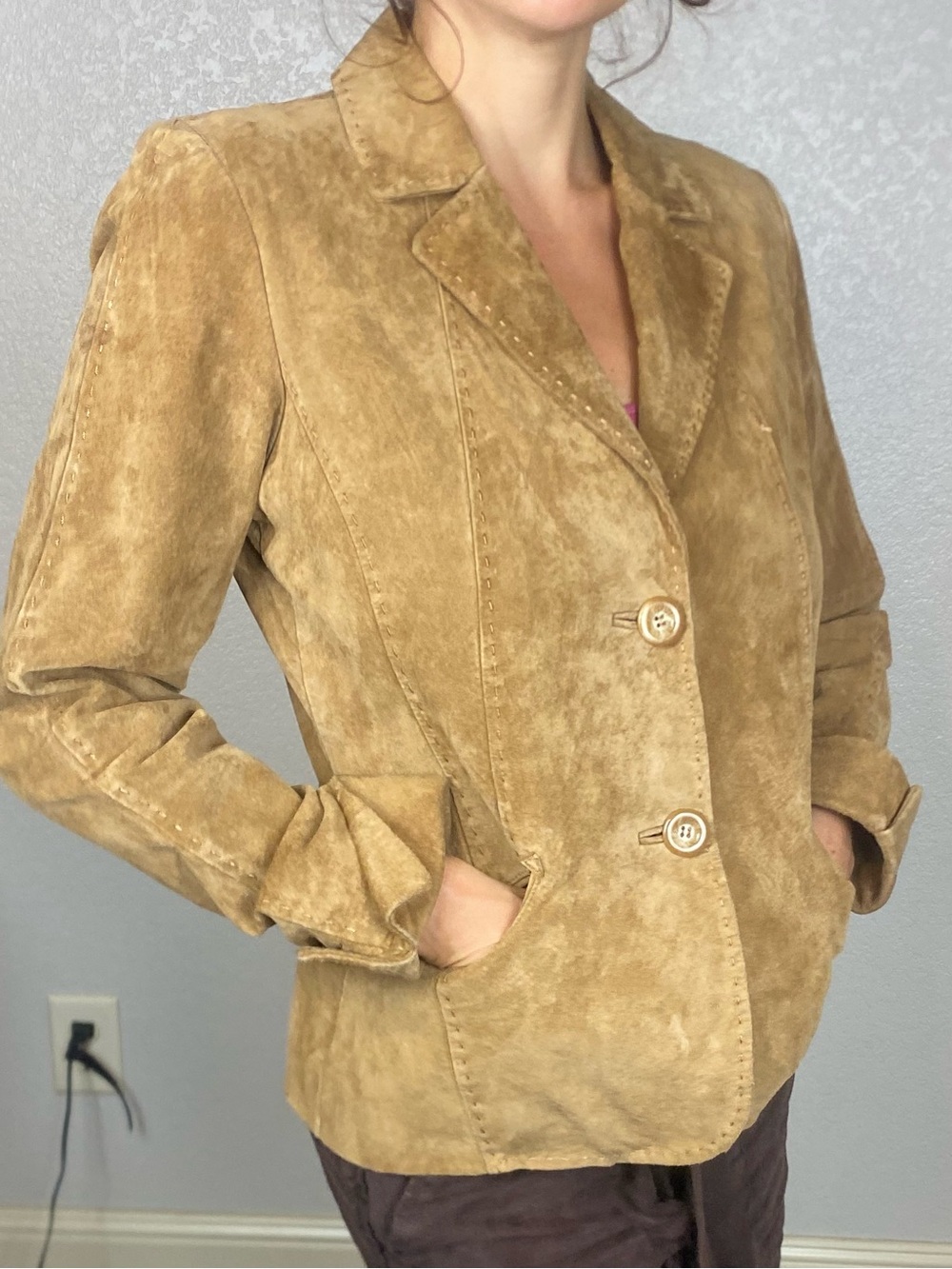 Classic Vintage Mid-Length Camel Suede Button Front Leather Jacket Western